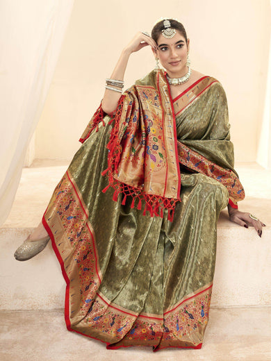 Stunning Olive Green Zari Weaving Silk Mehendi Wear Paithani Saree